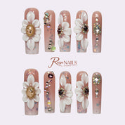 Ivory Bouquet SQLO0016 square long press-on nails product view