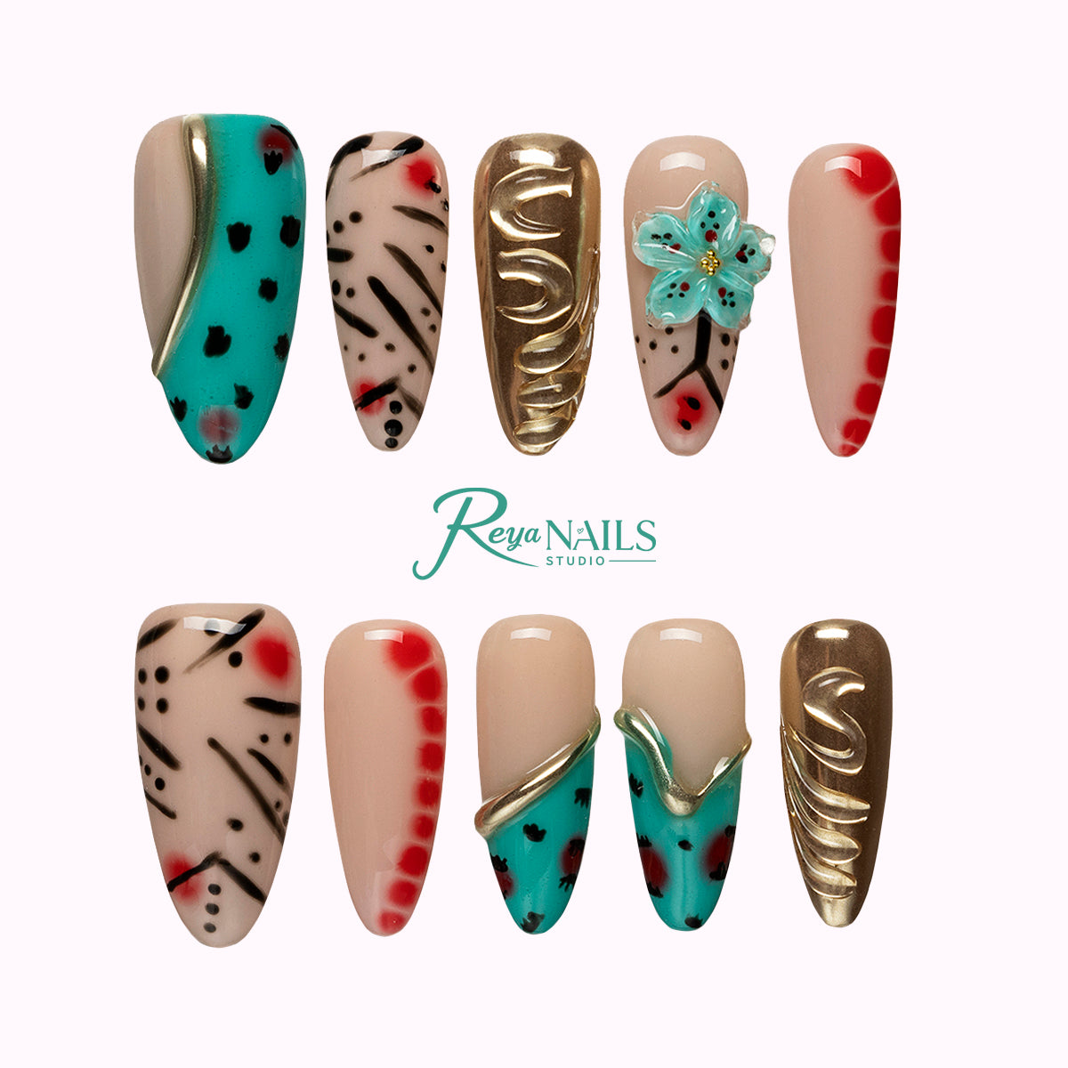 Turquoise Safari Chrome ALLO0012 almond long press-on nails product view
