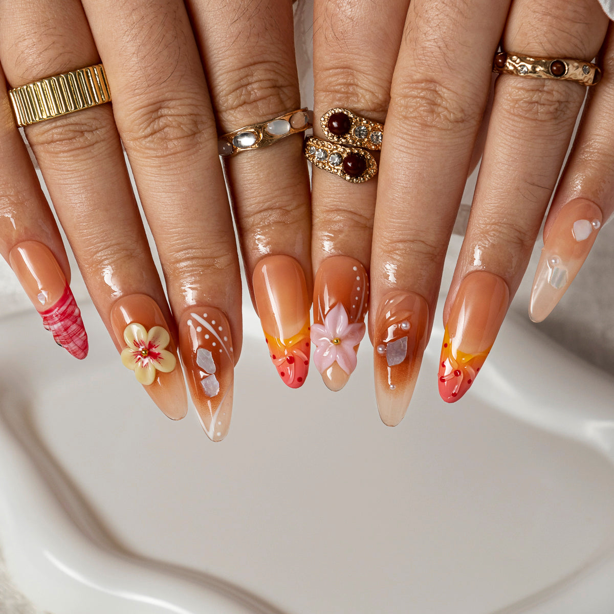 Blush Shell Garden ALLO0015 press-on nails hand model scene view 2