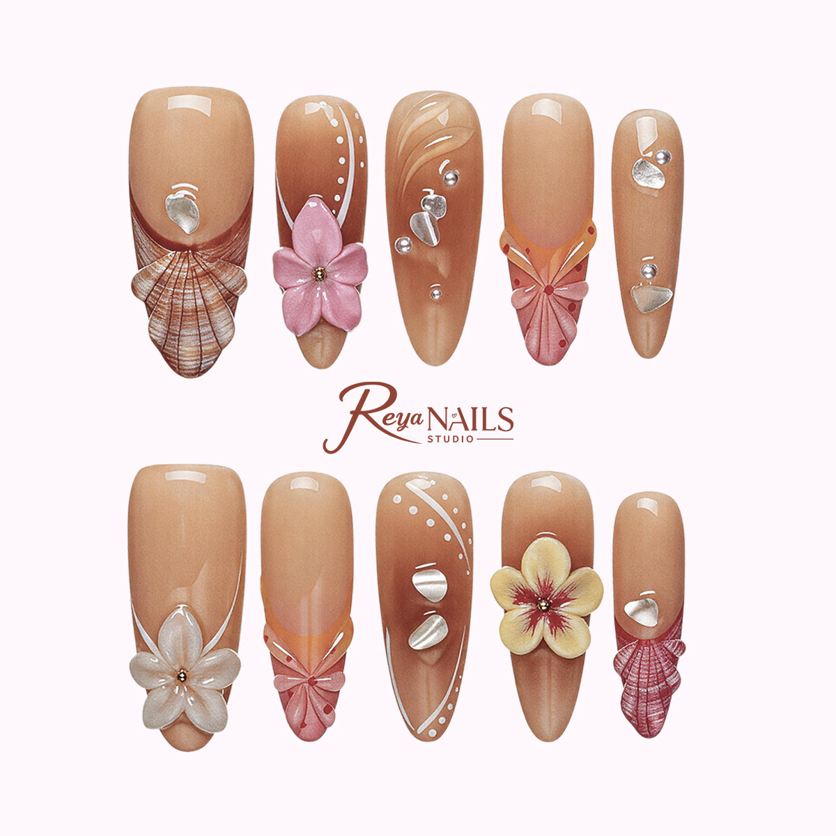 Blush Shell Garden ALLO0015 almond long press-on nails product view