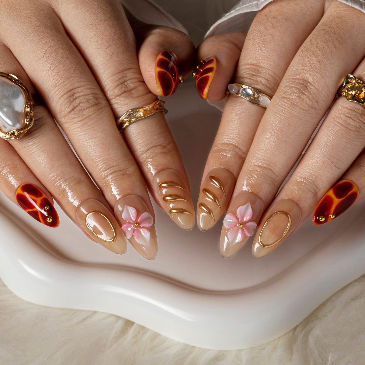 Burgundy Pearl Blossom ALME0014 press-on nails hand model scene view 2
