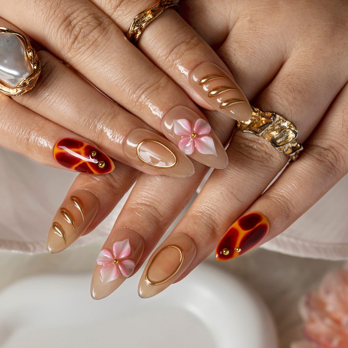Burgundy Pearl Blossom ALME0014 press-on nails hand model scene view 3