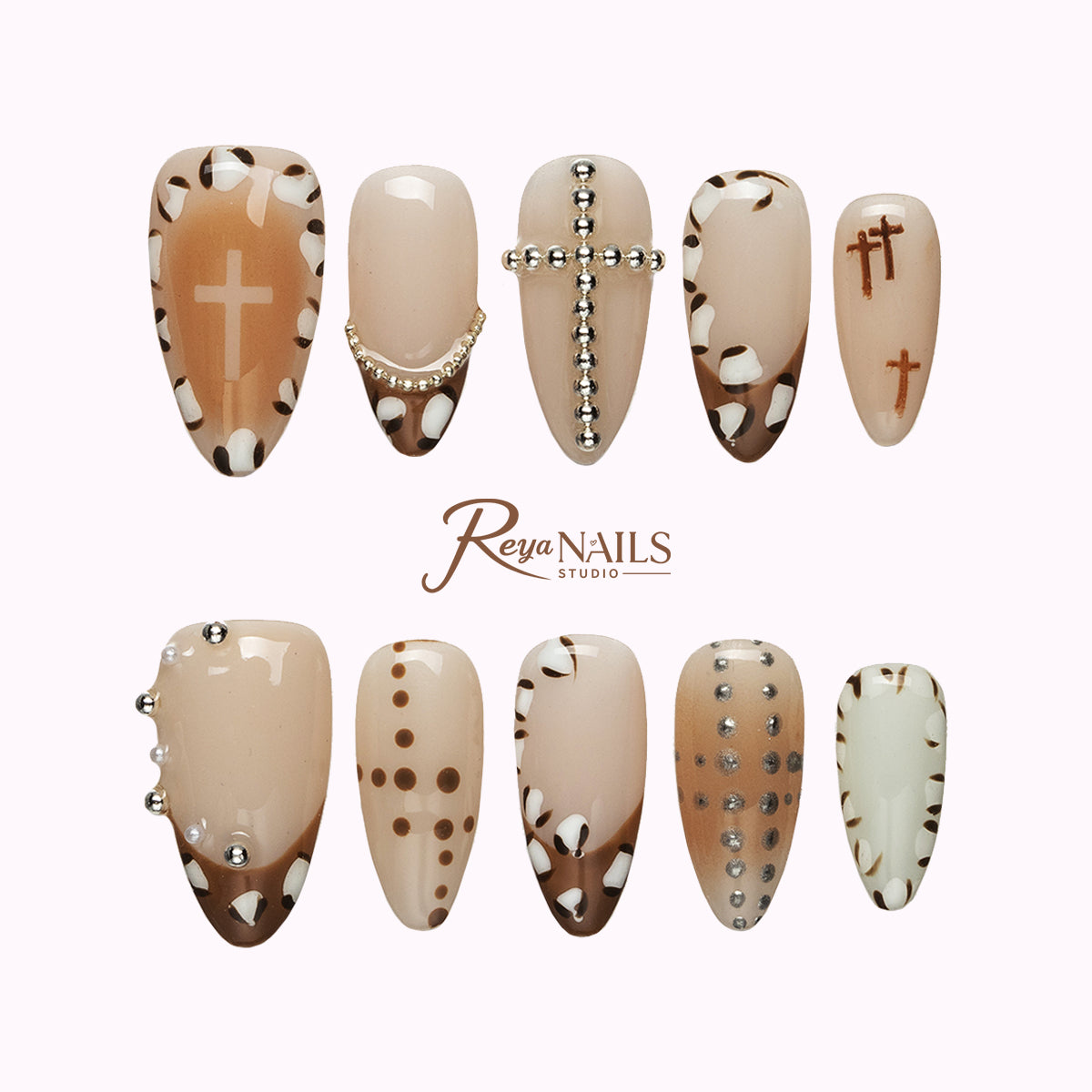 Ivory Cross Dot ALME0019 almond medium press-on nails product view