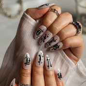 Gothic Ink Script ALME0024 press-on nails hand model scene view 1