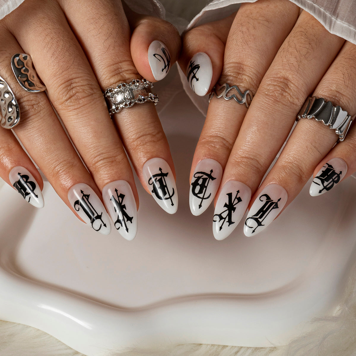 Gothic Ink Script ALME0024 press-on nails hand model scene view 2