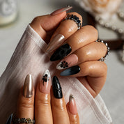 Champagne Noir Flower ALME0026 press-on nails hand model scene view 1