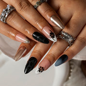 Champagne Noir Flower ALME0026 press-on nails hand model scene view 3