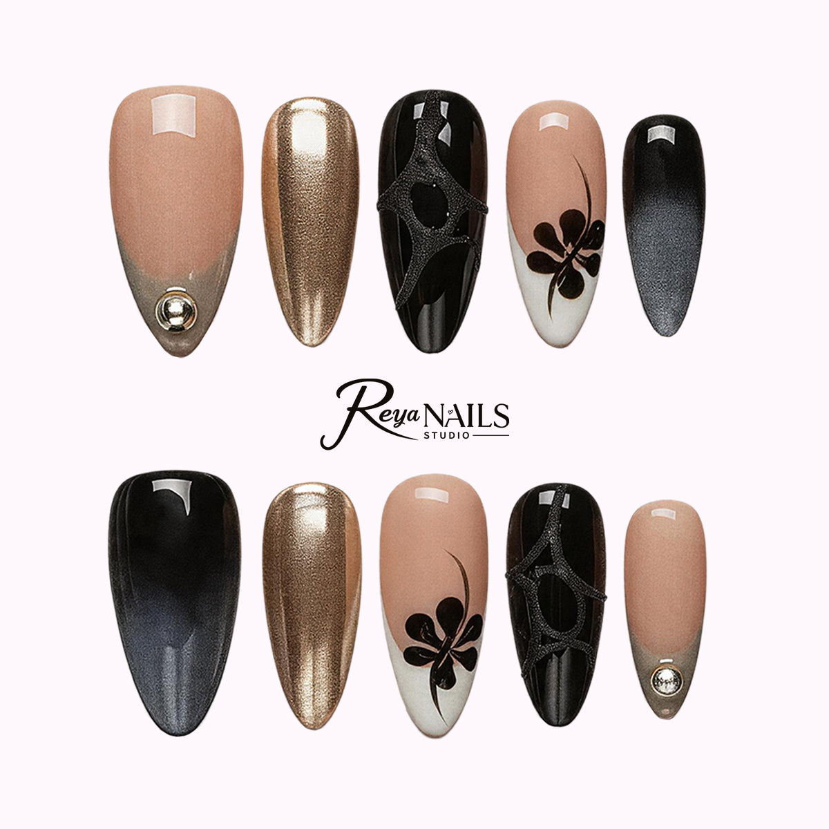 Champagne Noir Flower ALME0026 almond medium press-on nails product view