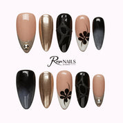 Champagne Noir Flower ALME0026 almond medium press-on nails product view