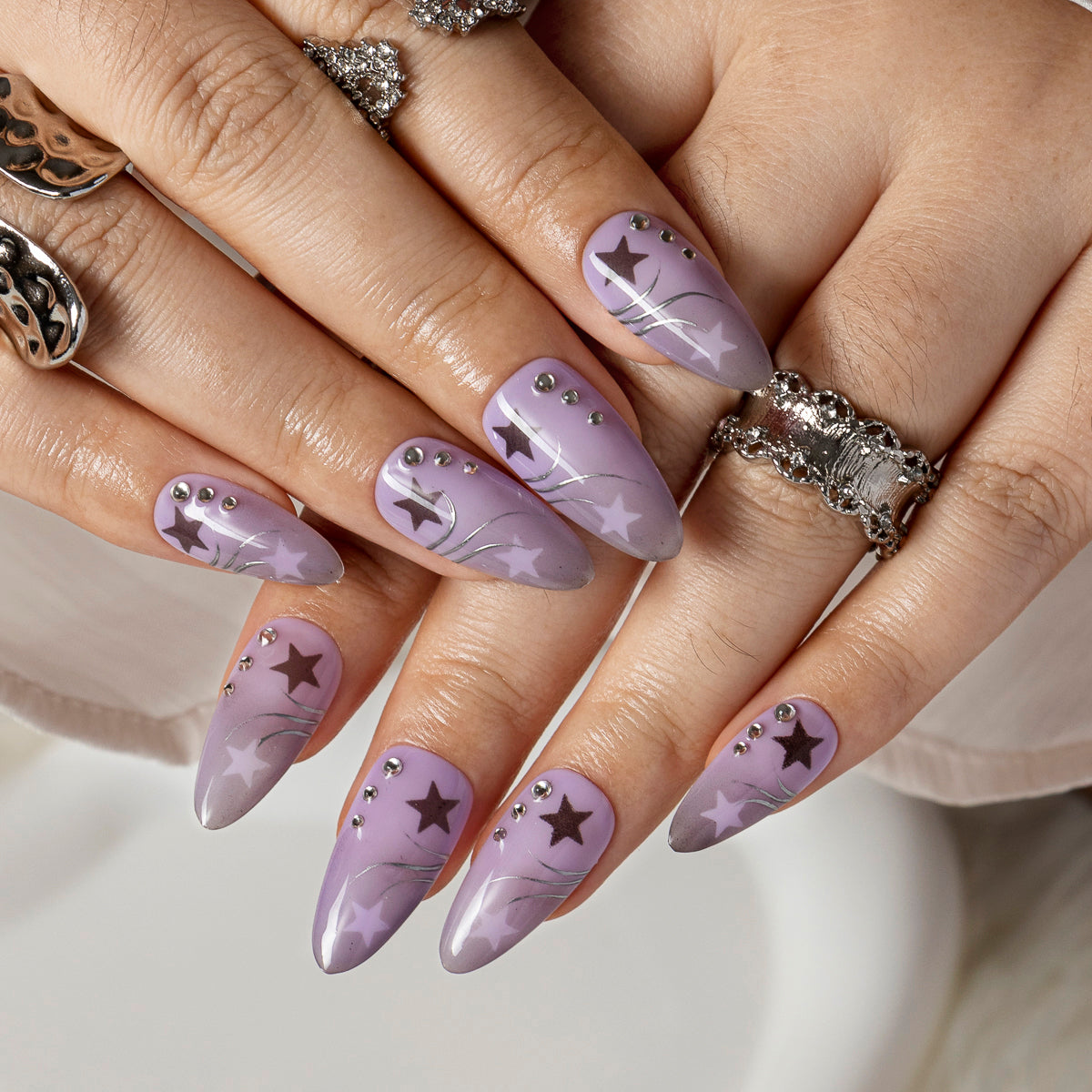 Lavender Star Mist ALME0043 press-on nails hand model scene view 2