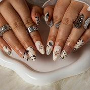 Mocha Botanical Bloom ALME0051 press-on nails hand model scene view 2