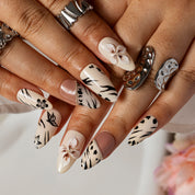Mocha Botanical Bloom ALME0051 press-on nails hand model scene view 3