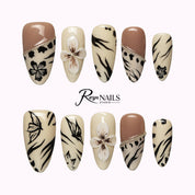 Mocha Botanical Bloom ALME0051 almond medium press-on nails product view