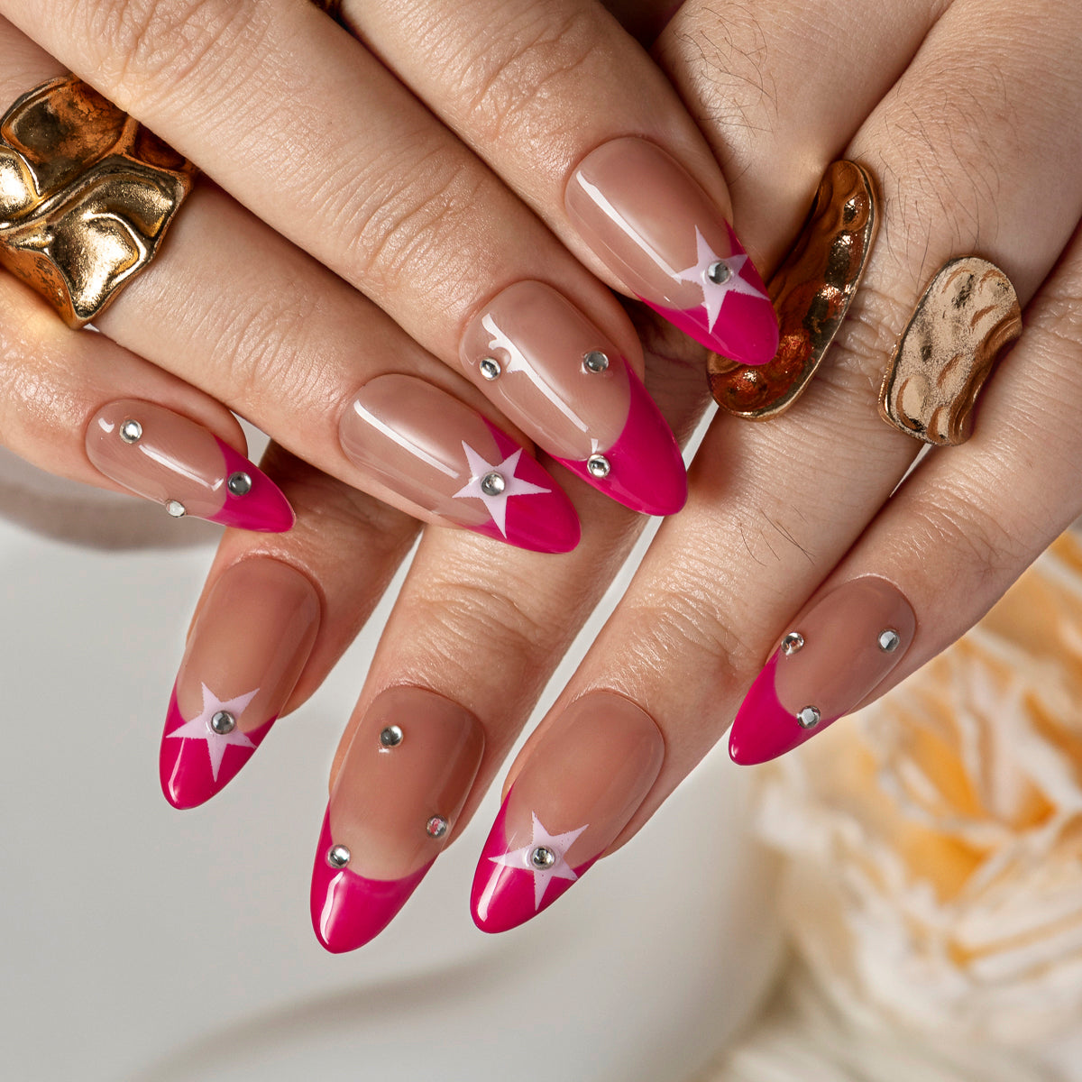 Ruby Diamond French ALME0054 press-on nails hand model scene view 3
