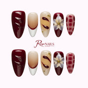Merlot Daisy Plaid ALME0055 almond medium press-on nails product view