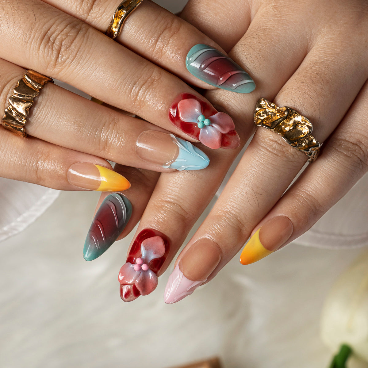 Pastel Lotus Wine ALME0061 press-on nails hand model scene view 2