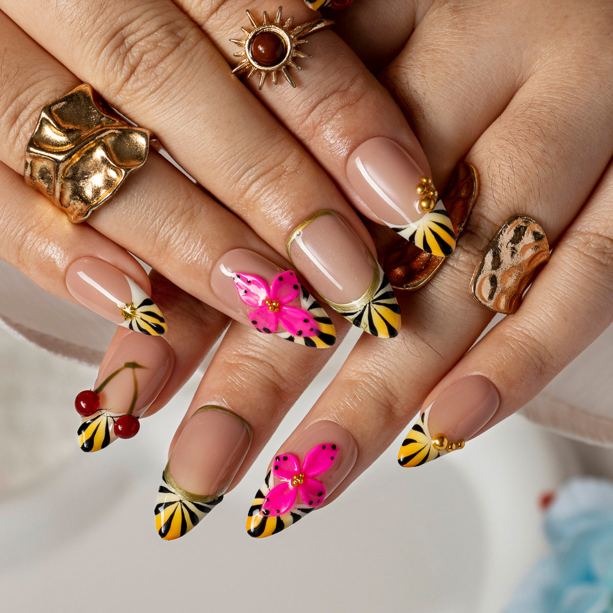 Fuchsia Sunburst Bloom ALME0065 press-on nails hand model scene view 3