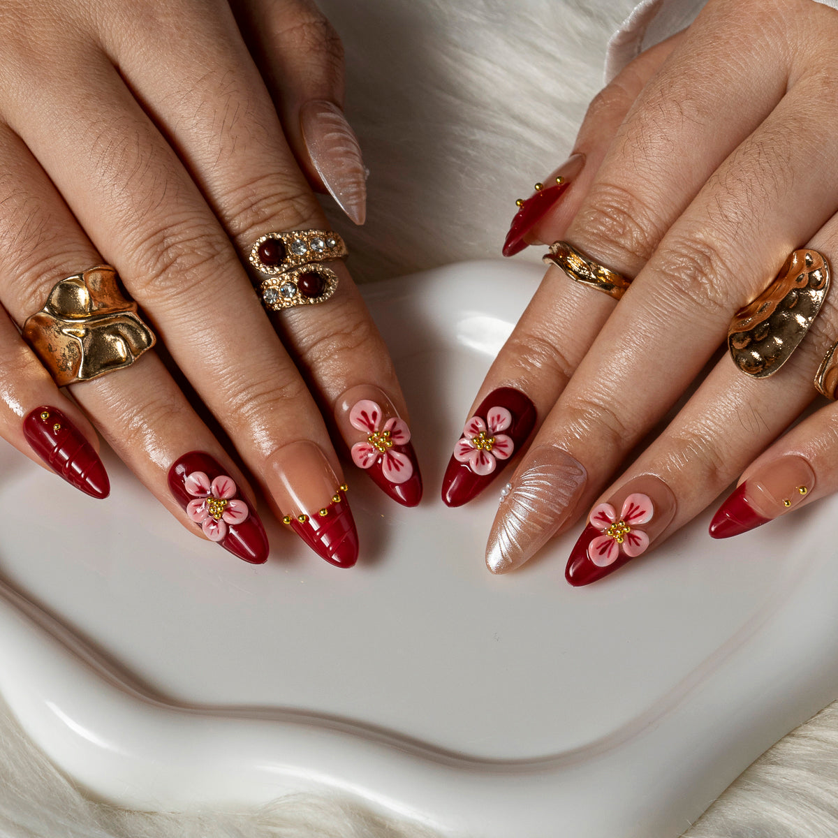 Merlot Pearl Bloom ALME0066 press-on nails hand model scene view 1