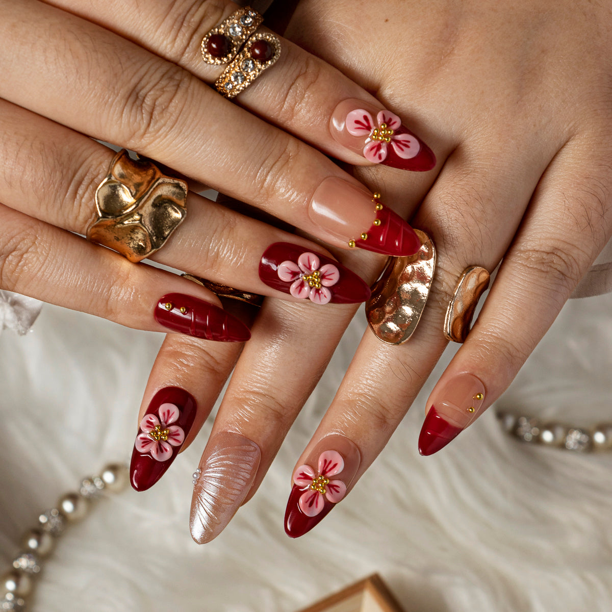 Merlot Pearl Bloom ALME0066 press-on nails hand model scene view 2