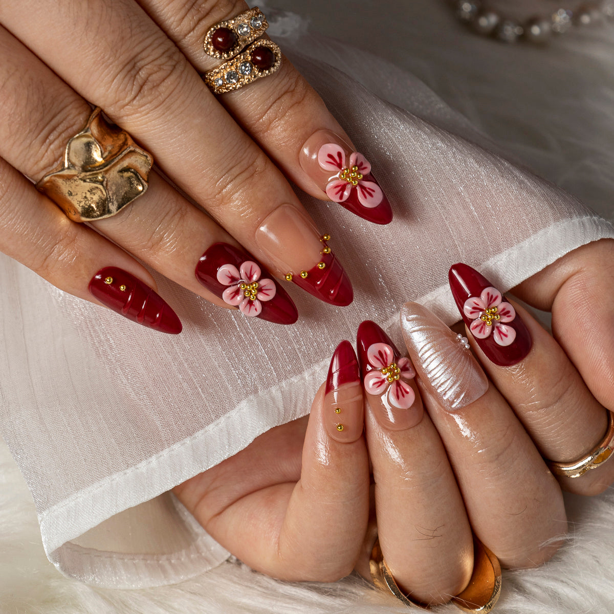 Merlot Pearl Bloom ALME0066 press-on nails hand model scene view 3