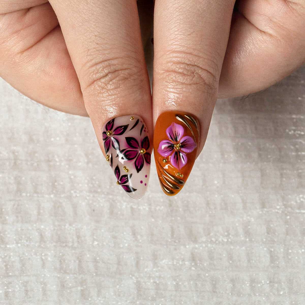 Amber Orchid Vine ALME0068 press-on nails hand model scene view 3