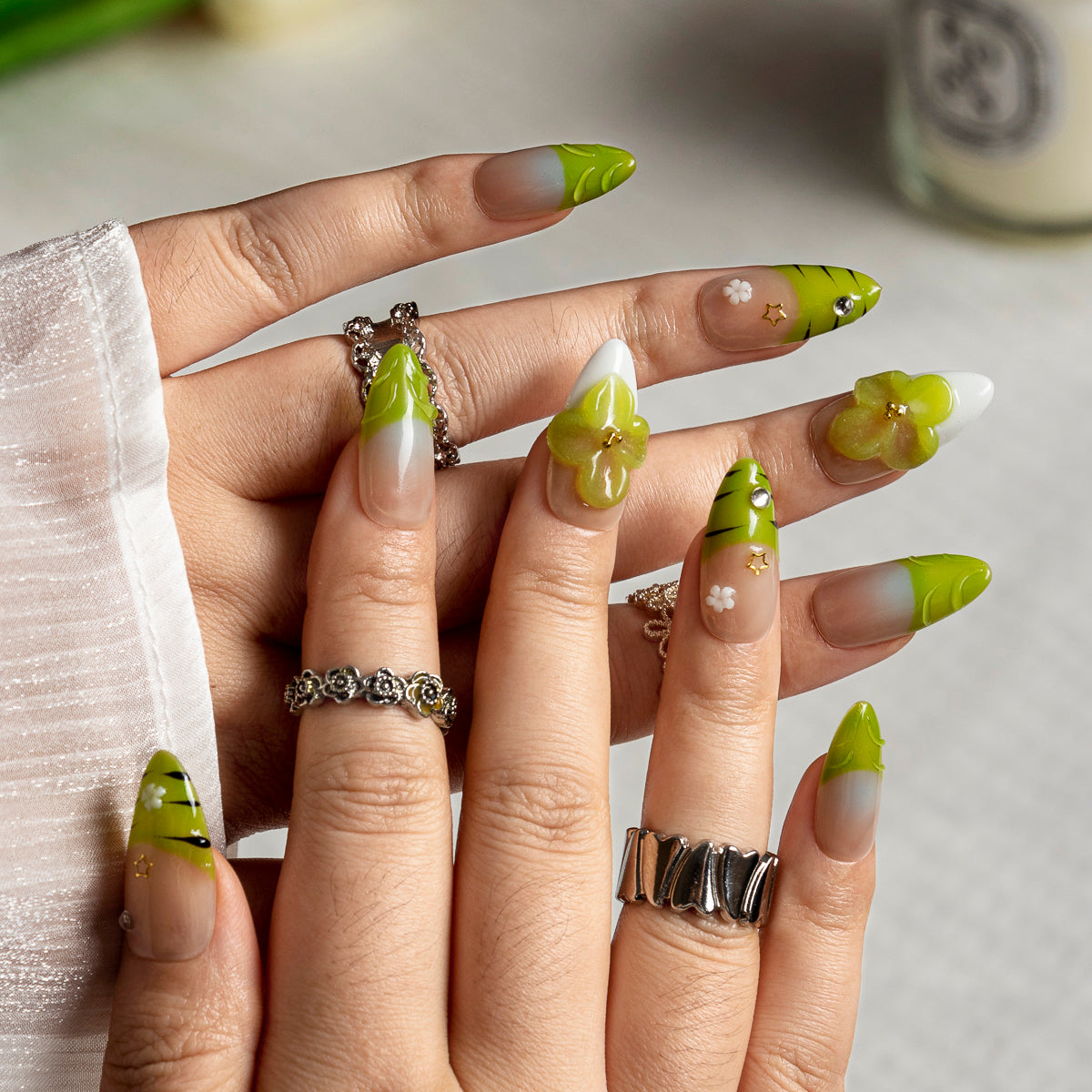 Lime Blossom French ALME0070 press-on nails hand model scene view 1