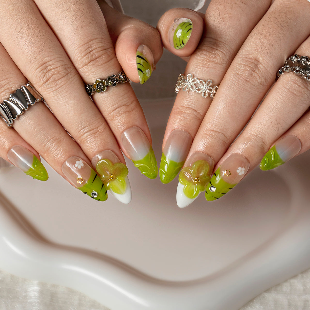 Lime Blossom French ALME0070 press-on nails hand model scene view 2