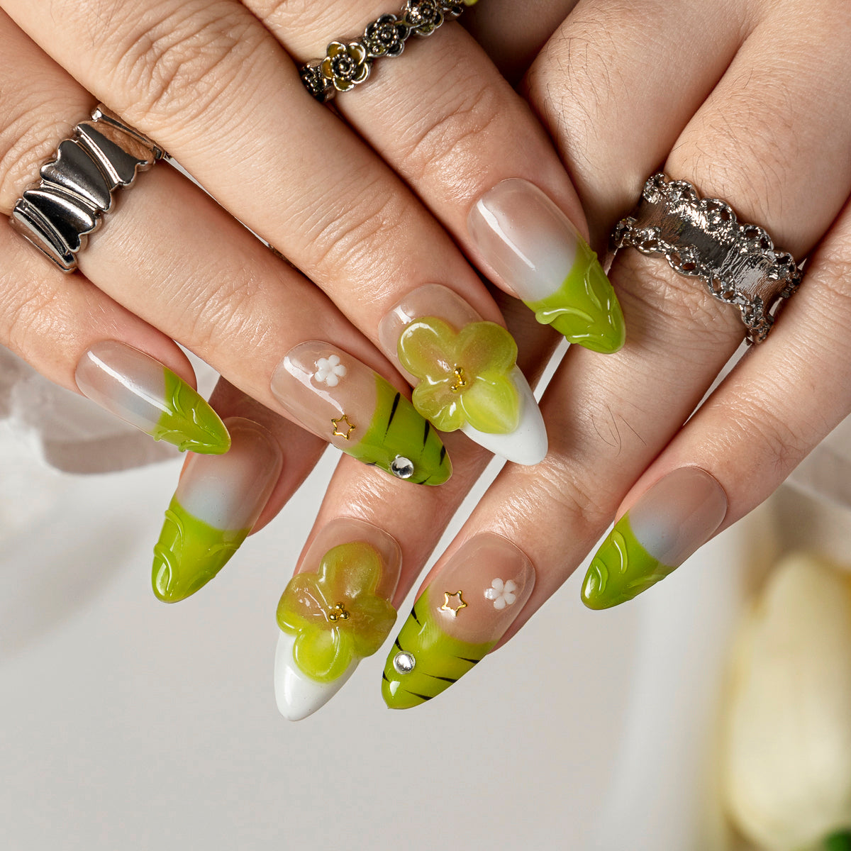 Lime Blossom French ALME0070 press-on nails hand model scene view 3