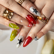 Crimson Star Pop ALME0077 press-on nails hand model scene view 2