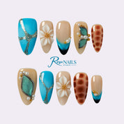 Turquoise Tortoise Bloom ALME0080 almond medium press-on nails product view