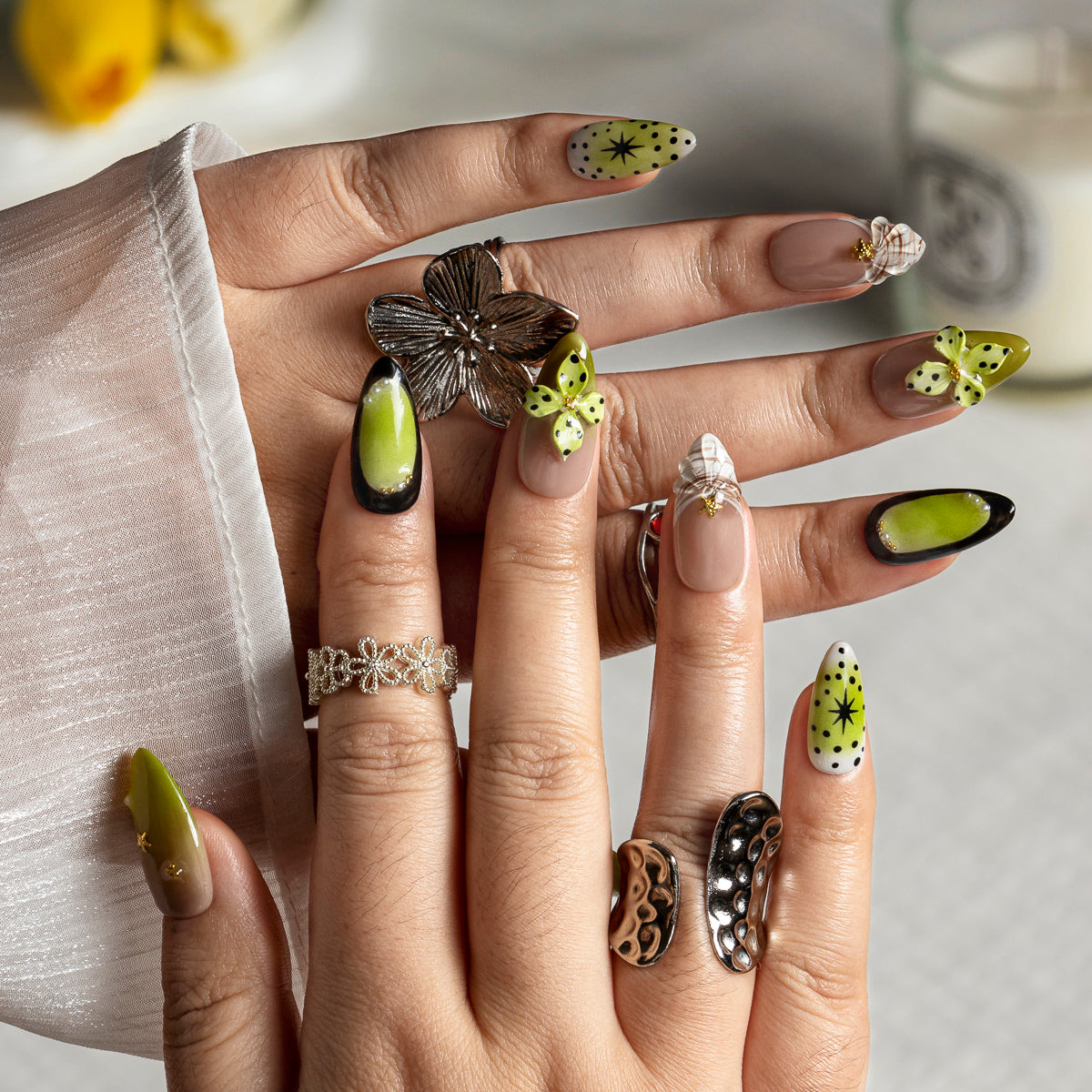 Olive Orchid Pop ALME0081 press-on nails hand model scene view 1