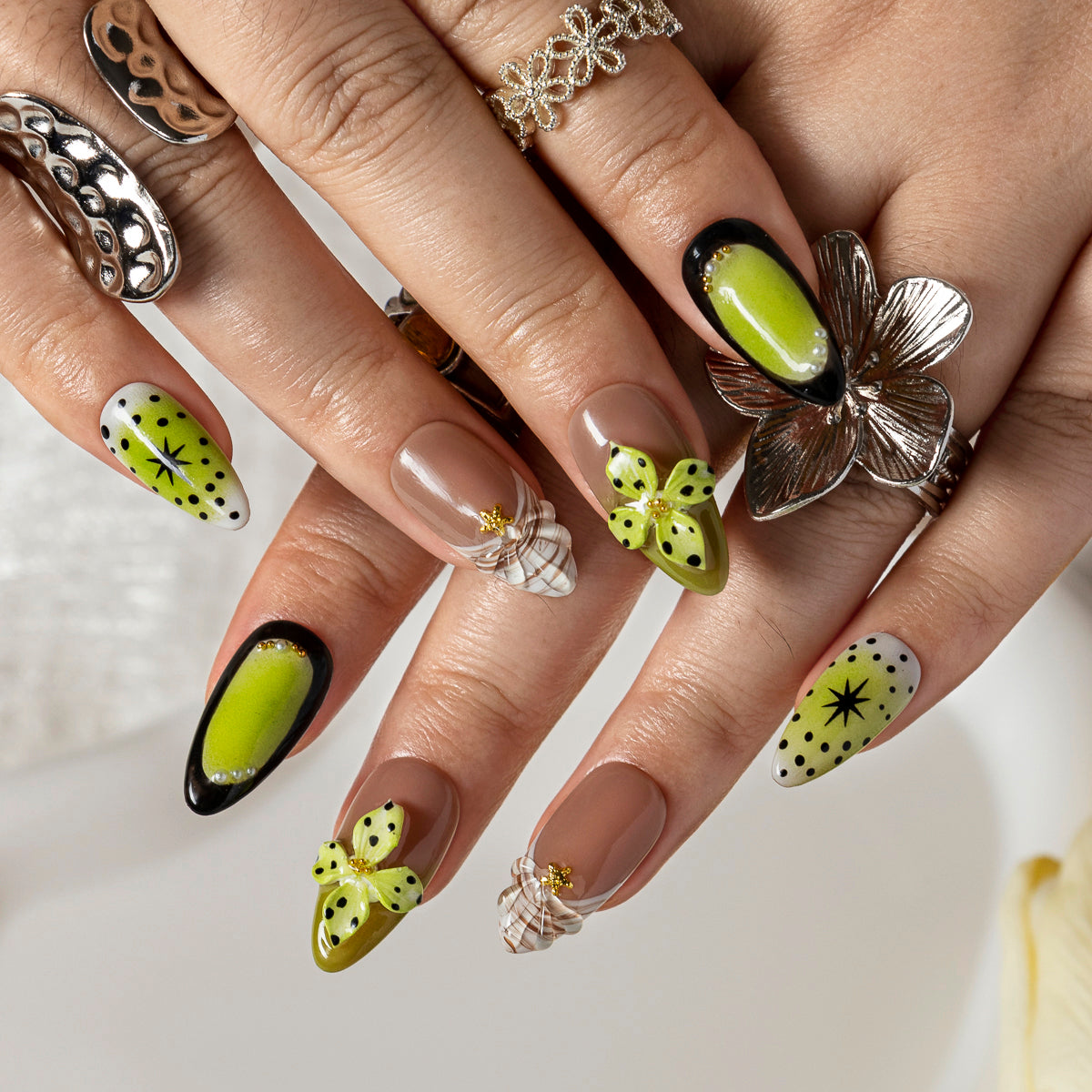 Olive Orchid Pop ALME0081 press-on nails hand model scene view 3