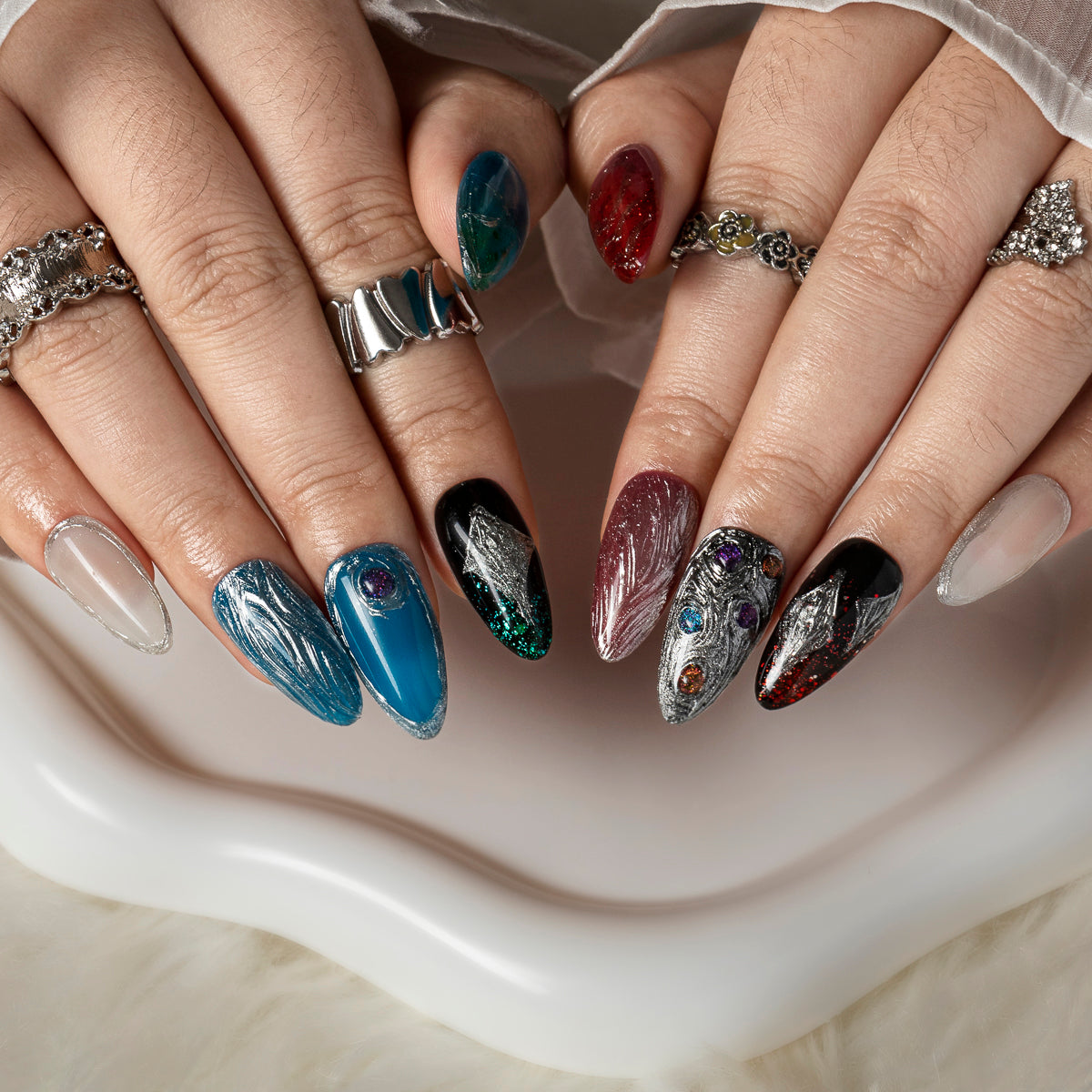 Teal Chrome Relic ALME0082 press-on nails hand model scene view 2
