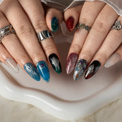 Teal Chrome Relic ALME0082 press-on nails hand model scene view 2