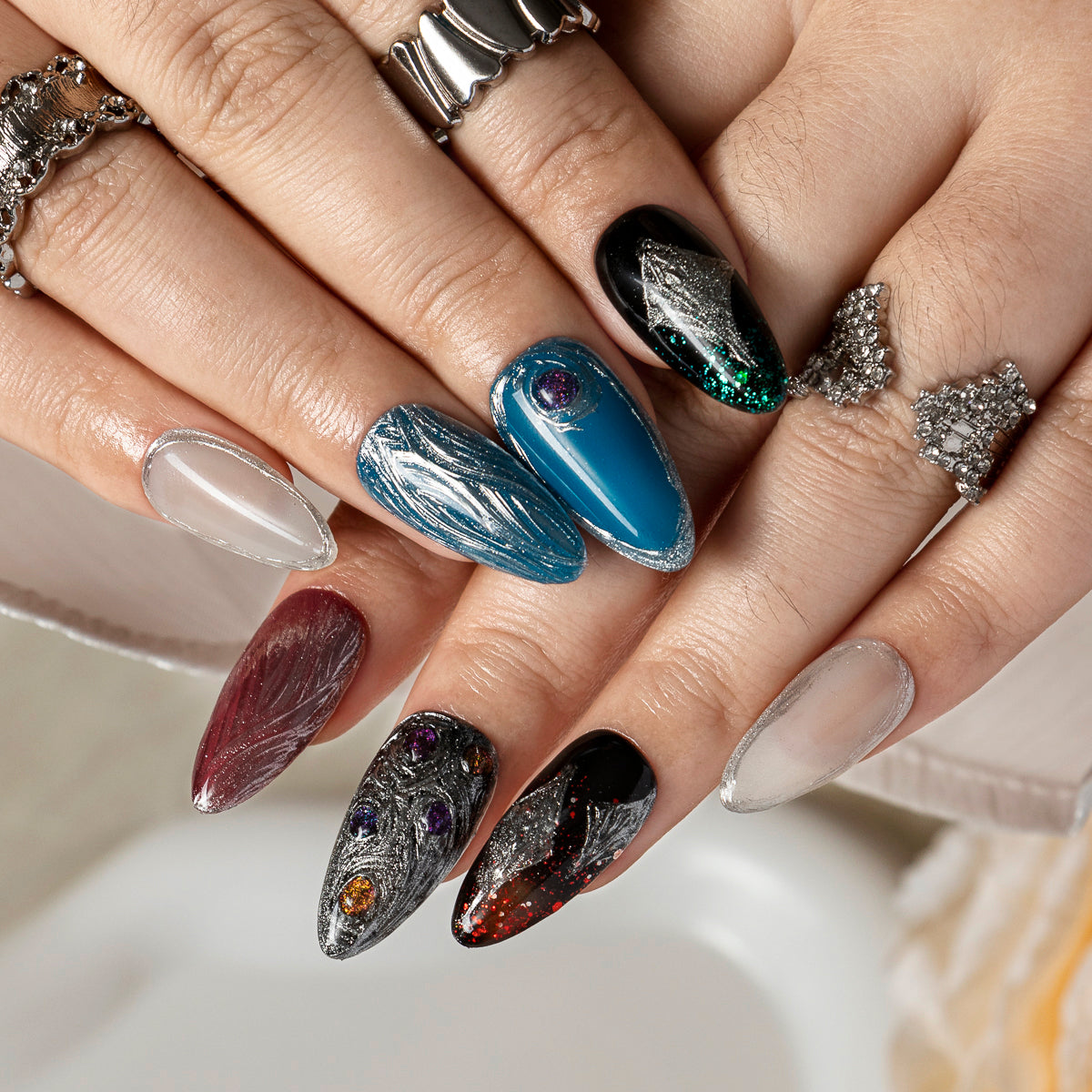 Teal Chrome Relic ALME0082 press-on nails hand model scene view 3