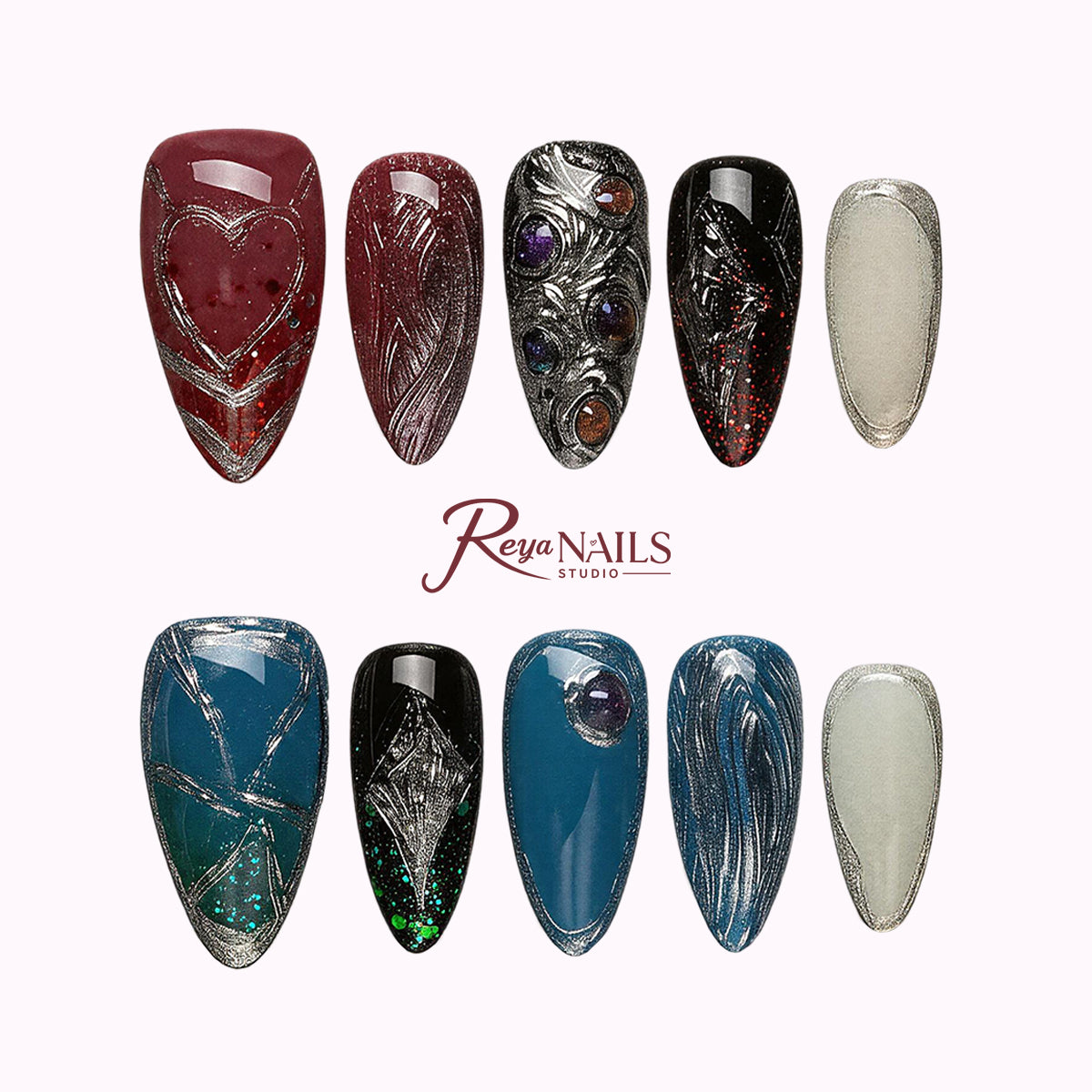 Teal Chrome Relic ALME0082 almond medium press-on nails product view