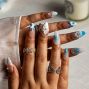 Blue Lace Bloom ALME0083 press-on nails hand model scene view 1