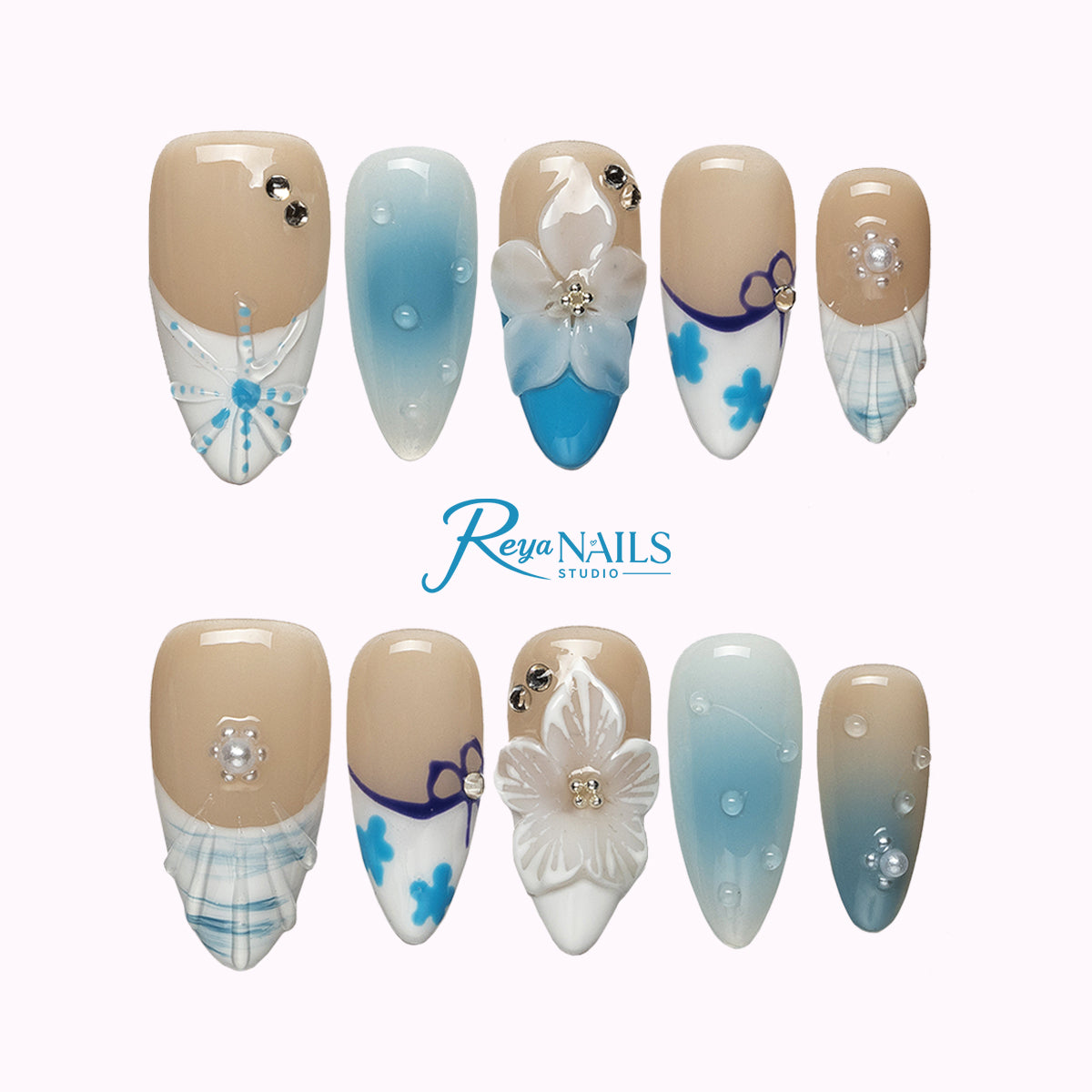 Blue Lace Bloom ALME0083 almond medium press-on nails product view