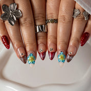 Burgundy Wildflower Spark ALME0085 press-on nails hand model scene view 2