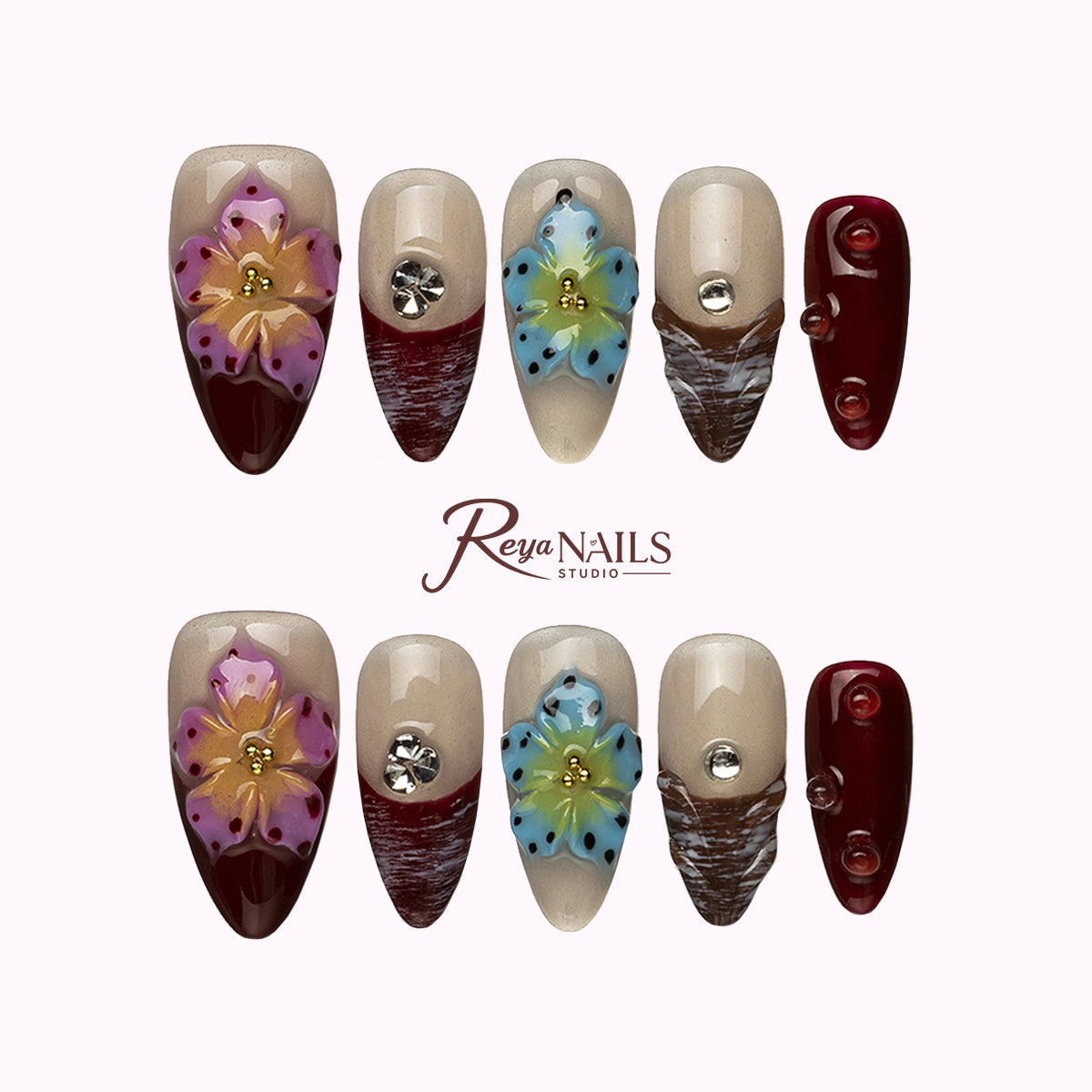 Burgundy Wildflower Spark ALME0085 almond medium press-on nails product view