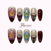 Burgundy Wildflower Spark ALME0085 almond medium press-on nails product view