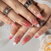 Coral Petal Glow ALME0101 press-on nails hand model scene view 3