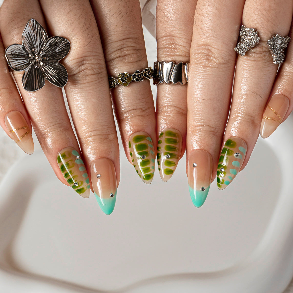 Sage Plaid French ALME0105 press-on nails hand model scene view 2