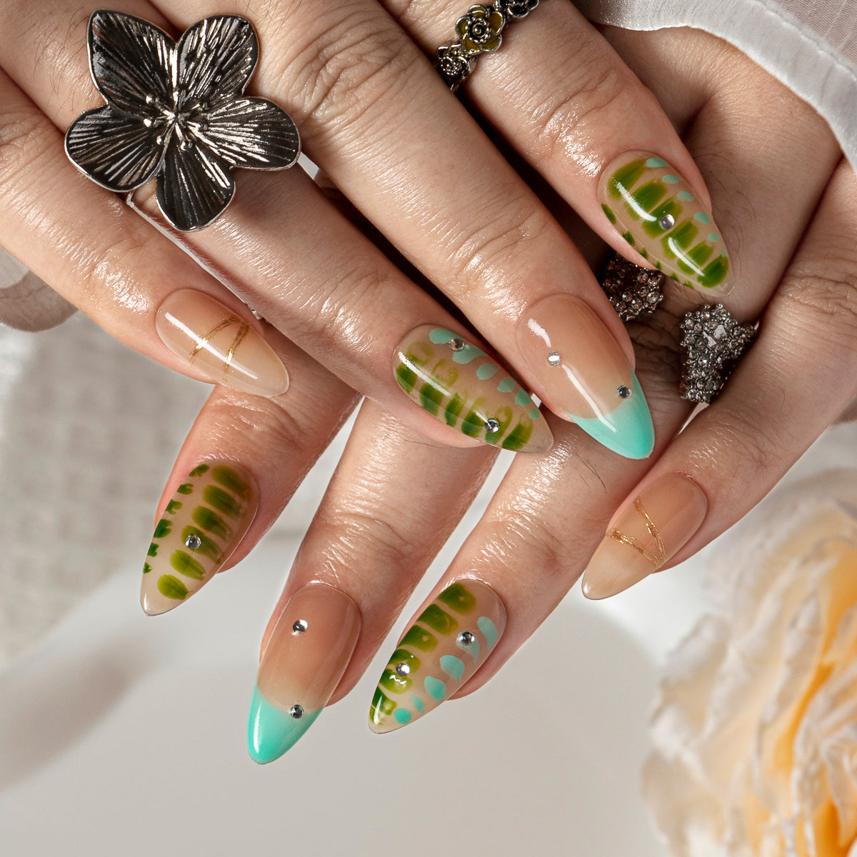 Sage Plaid French ALME0105 press-on nails hand model scene view 3