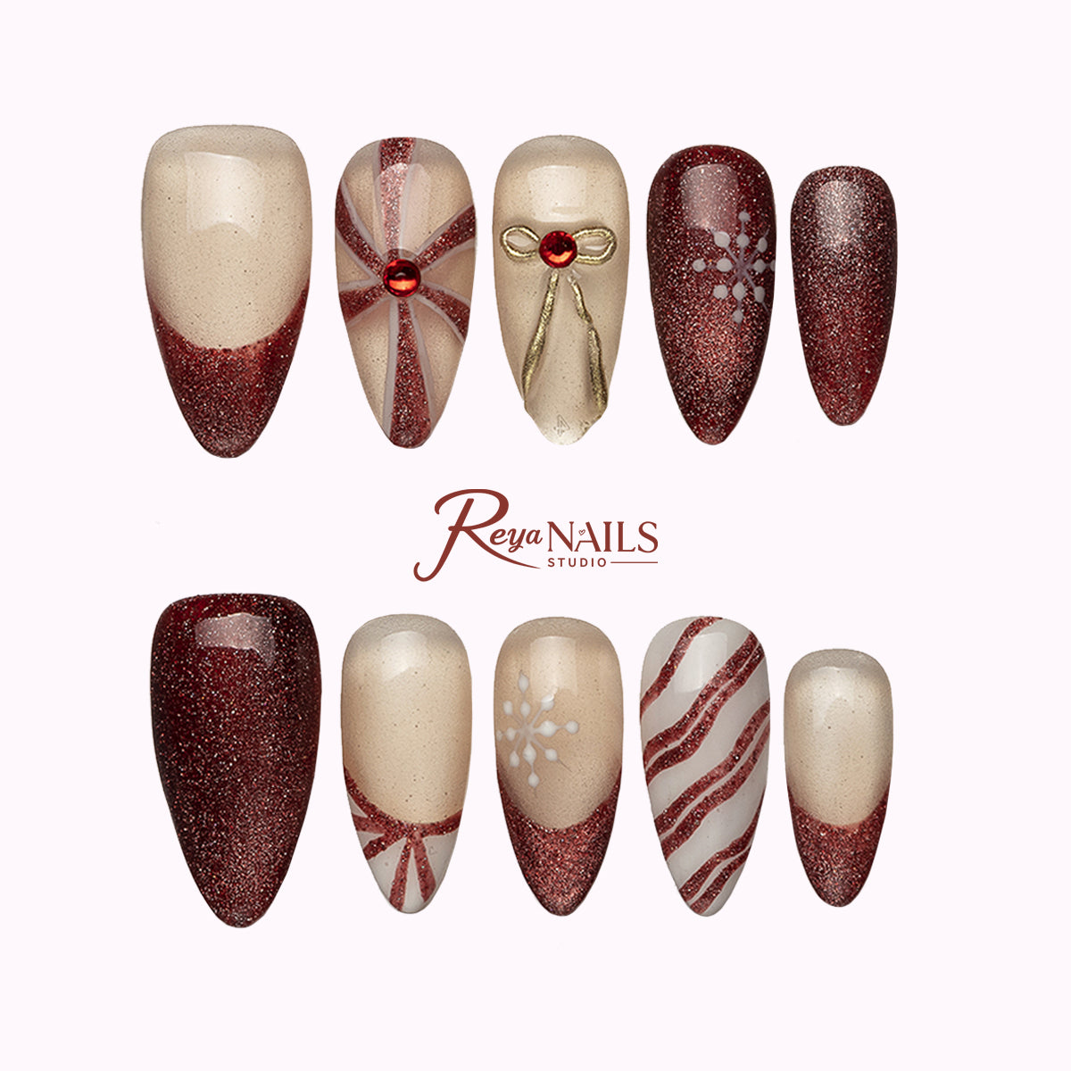 Burgundy Ribbon Snow ALME0108 almond medium press-on nails product view
