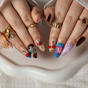 Cherry Patchwork Pop ALME0111 press-on nails hand model scene view 1