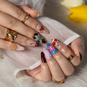 Cherry Patchwork Pop ALME0111 press-on nails hand model scene view 3