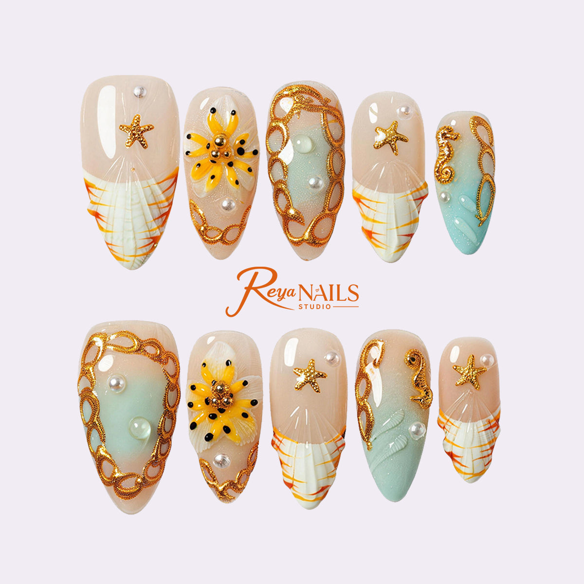 Turquoise Starfish Gild ALME0114 almond medium press-on nails product view