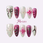 Magenta Bow Bloom ALME0123 almond medium press-on nails product view
