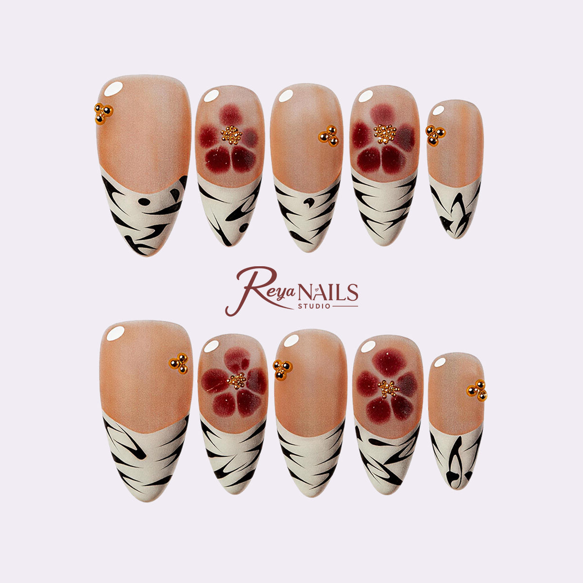 Peach Hibiscus Zebra ALME0125 almond medium press-on nails product view
